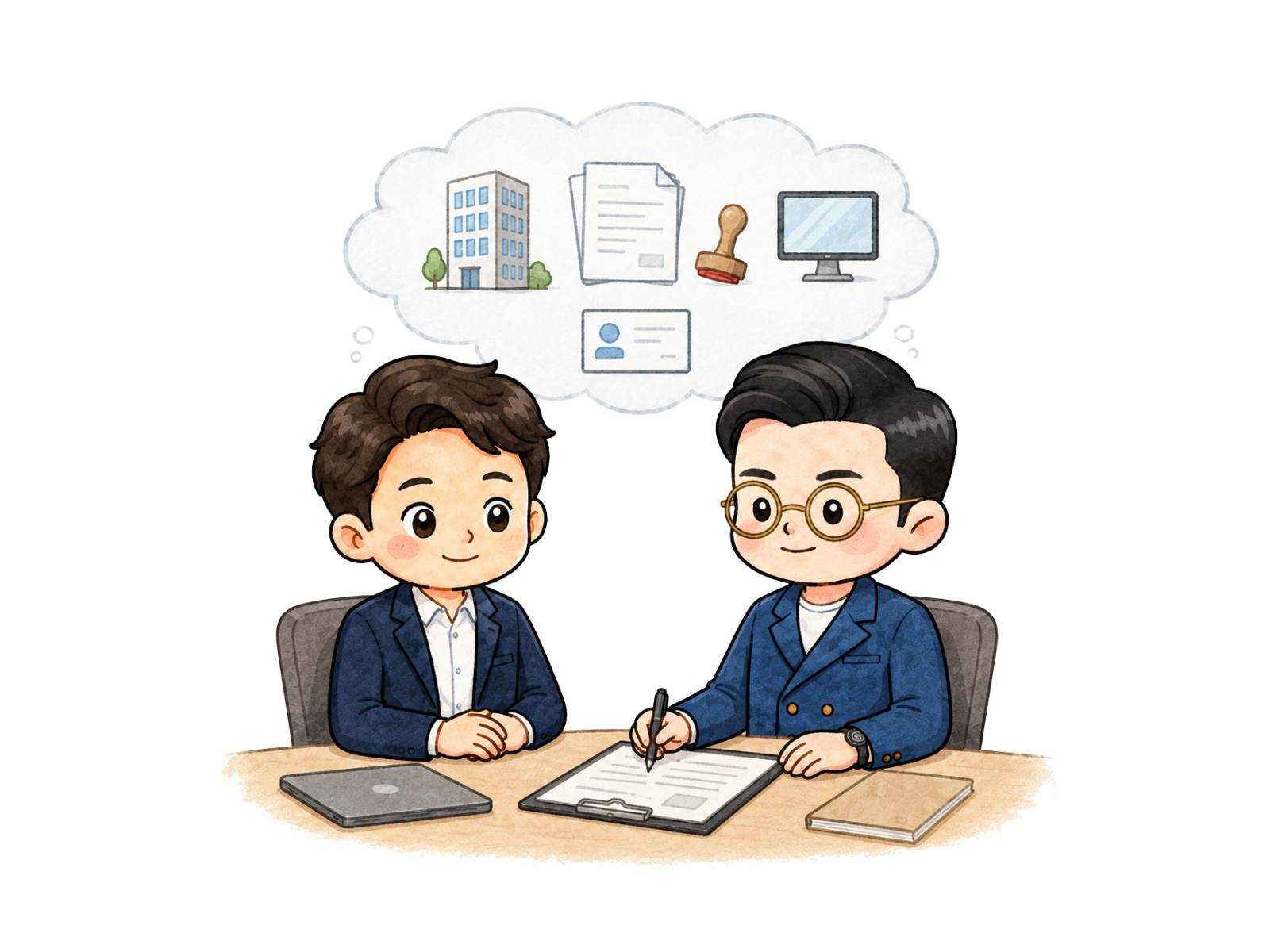 会社設立について案内する司法書士のイラスト