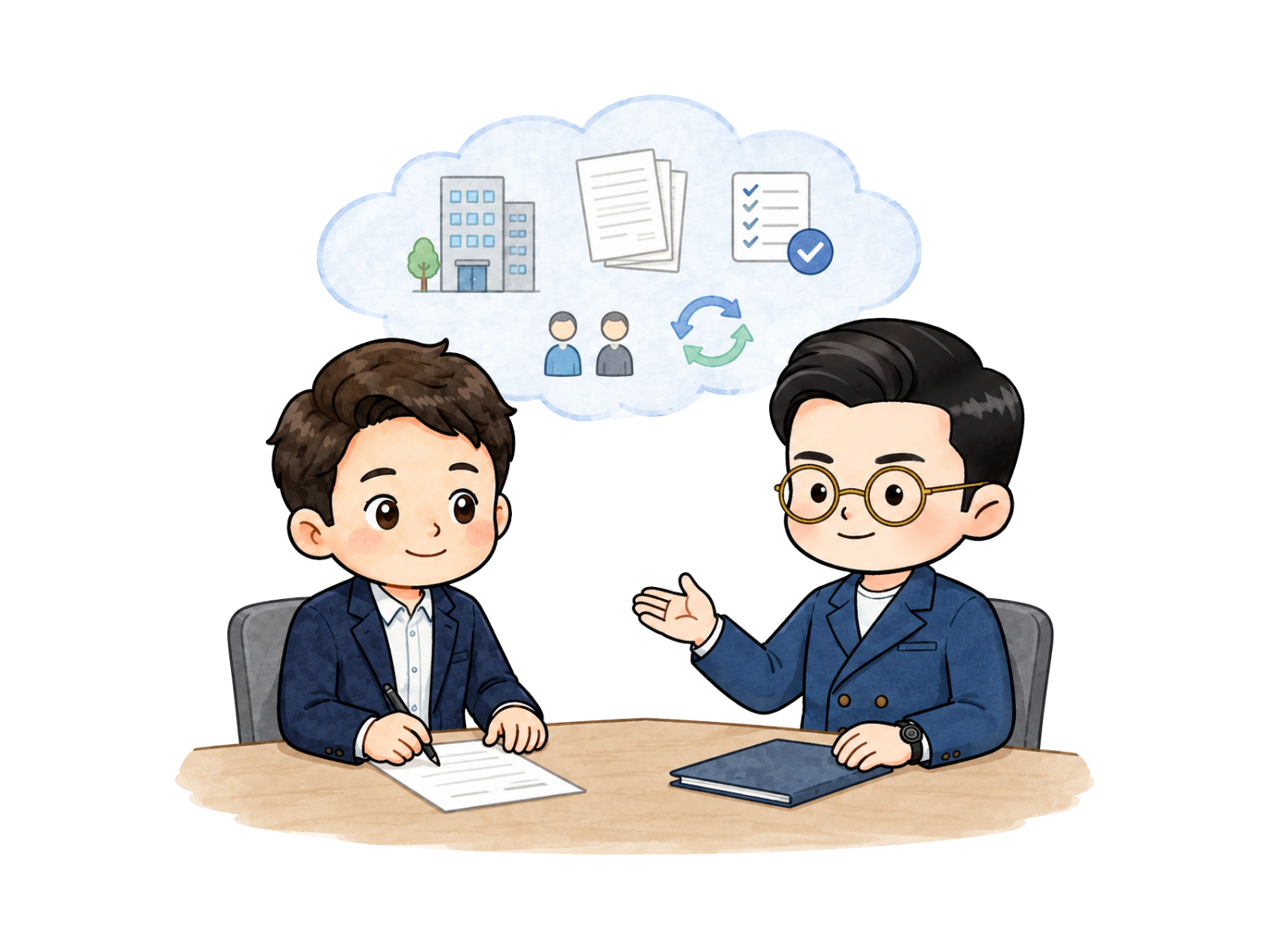 会社法人の変更登記について案内する司法書士のイラスト