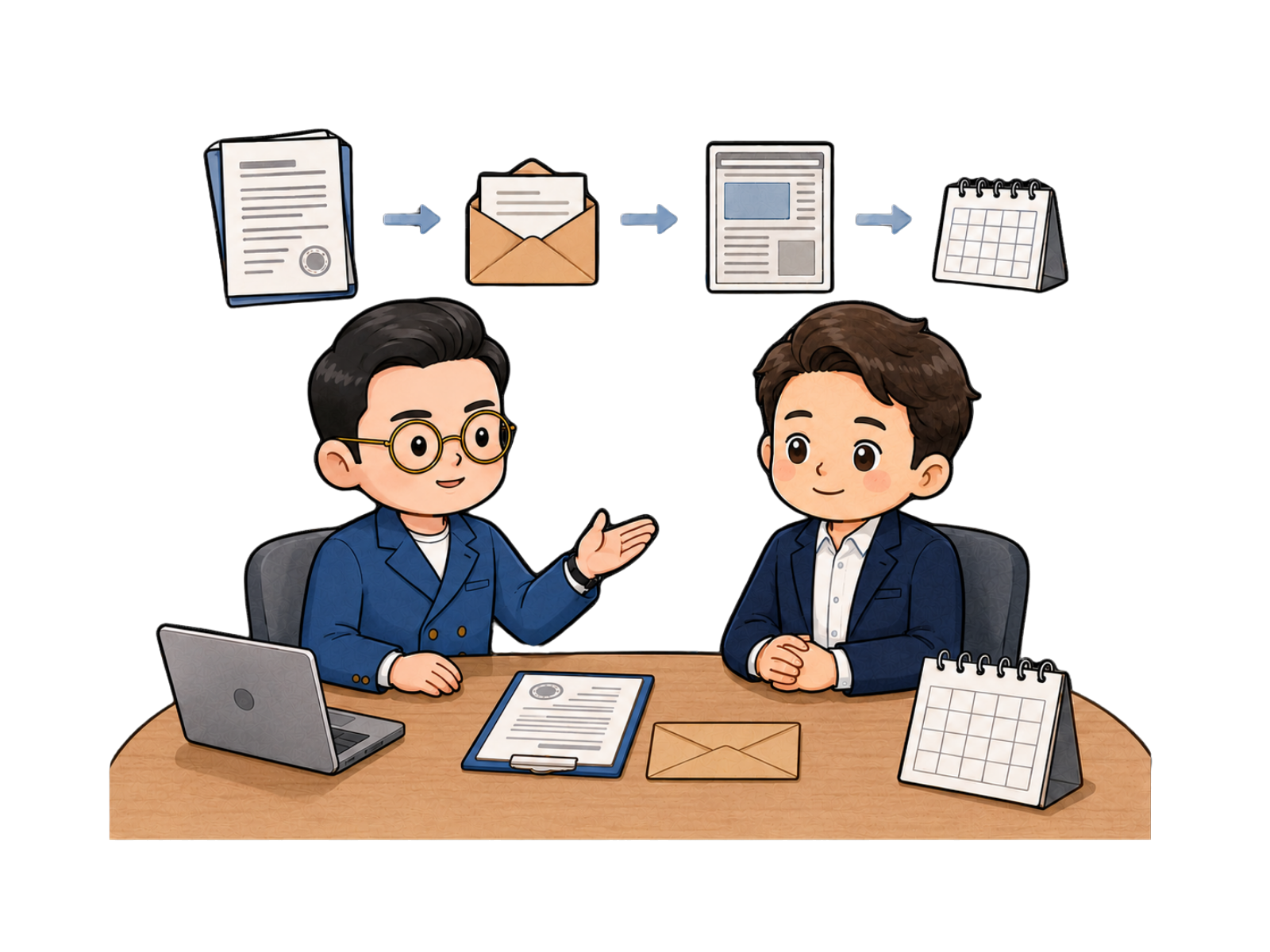 会社の解散や清算について案内する司法書士のイラスト